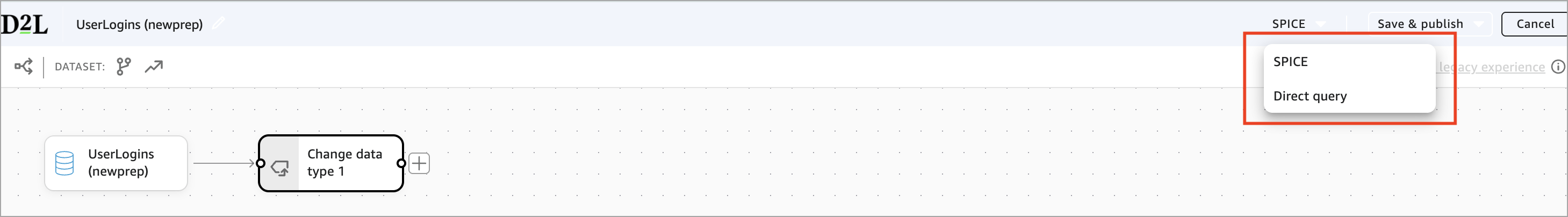 Analytics Builder-werkbalk met Query Mode detector geopend, met de twee selecteerbare opties: SPICE en Direct Query.