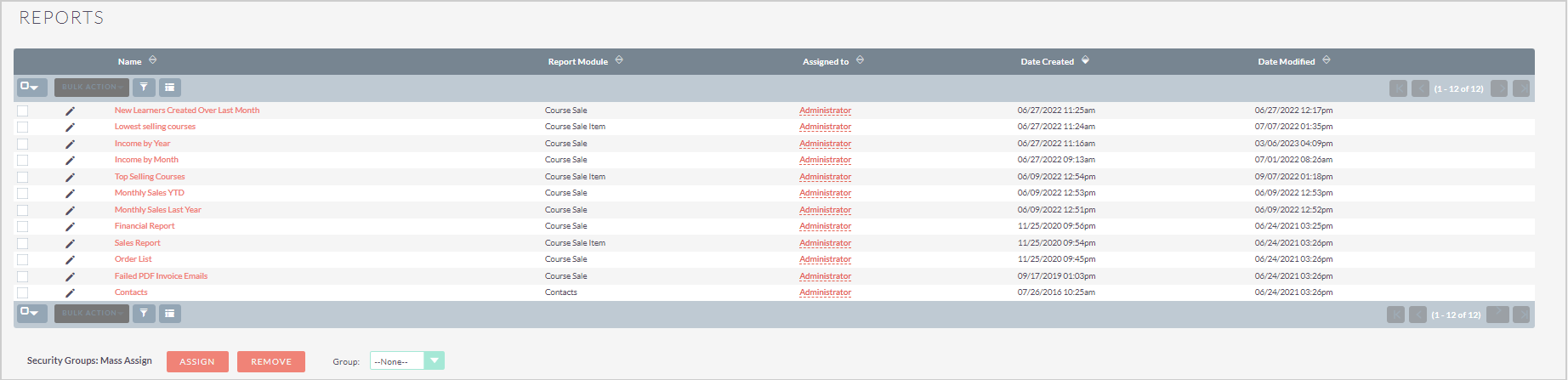 The Reports table showing records