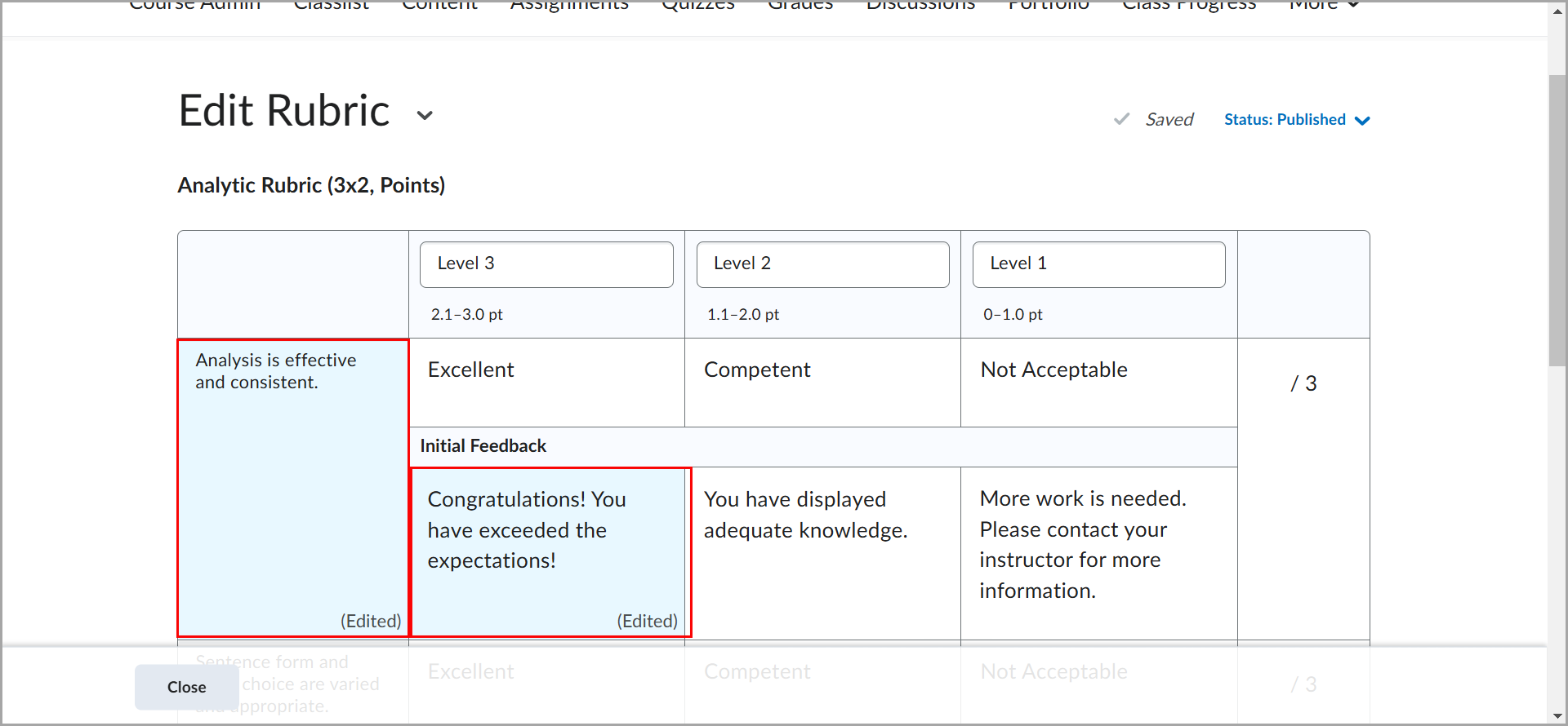 The Edit Rubric window with changes highlighted and indicated with the word Edited.