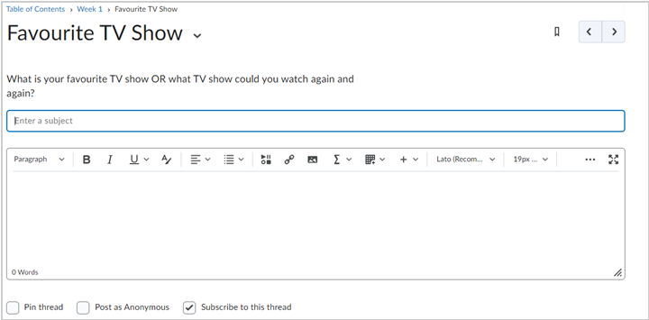 Subject and body fields of a discussion post, including the posting options Pin thread, Post as Anonymous, and Subscribe to this thread.