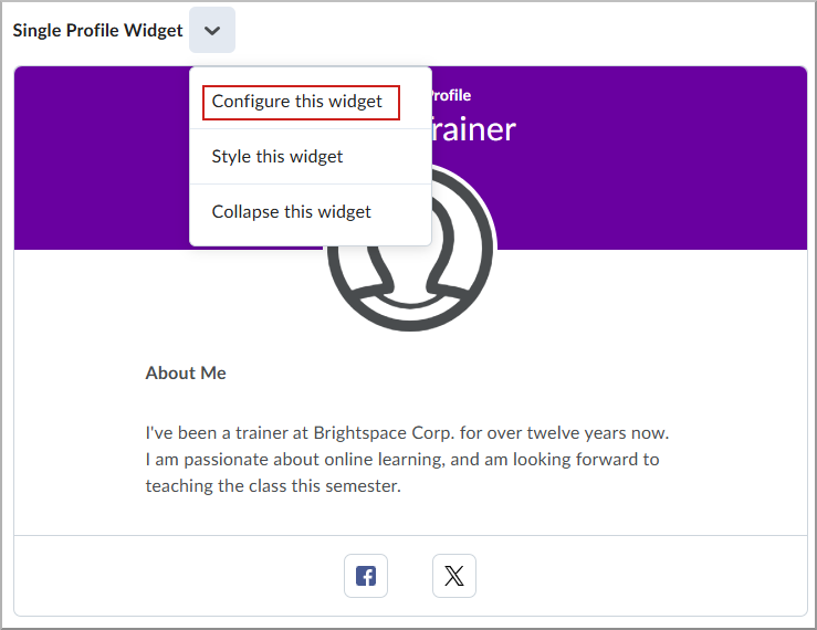 Single Profile widget with Actions menu displayed and Configure this widget selected.