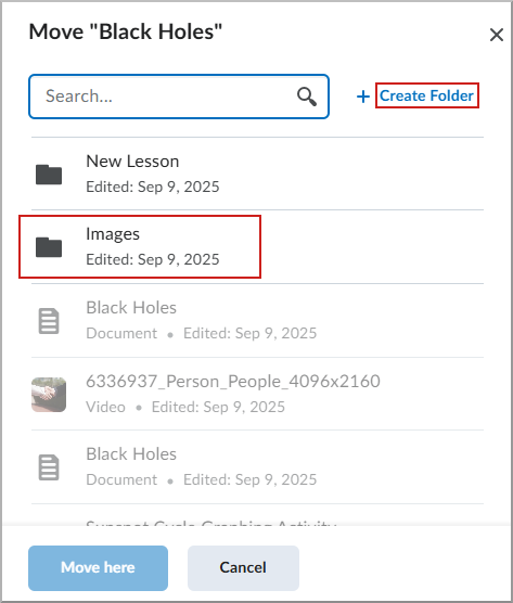 شاشة النقل تُظهر تحديد المجلد.