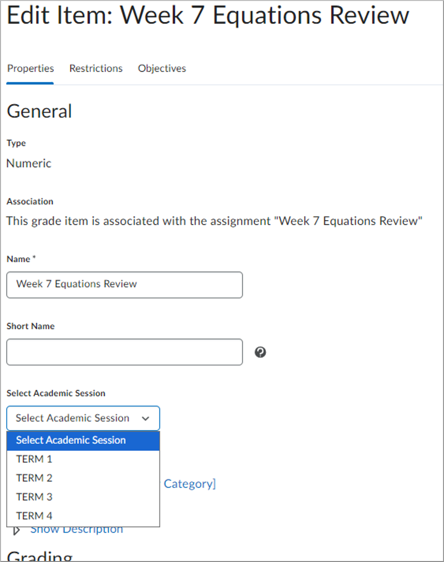 The Edit Grade Item screen showing the new Grading Period selection dropdown for Blackbaud.
