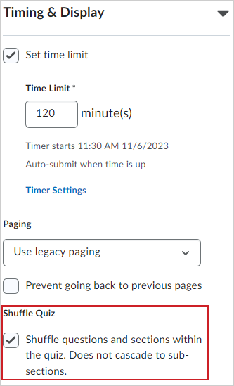 The Shuffle Quiz section of the Timing & Display accordion.