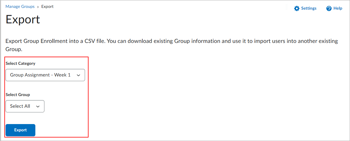 A página Exportar com os menus suspensos Selecionar Categoria e Selecionar Grupo e o botão Exportar para grupos