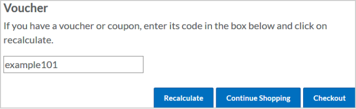 The Voucher page showing the options to Recalculate, Continue Shopping, or Checkout after inputting a voucher