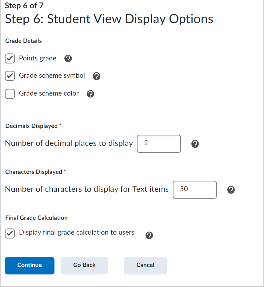 La page Options d'affichage de la vue de l’élève.