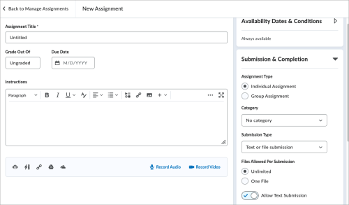 Previous interface showing Assignment type selection radio buttons