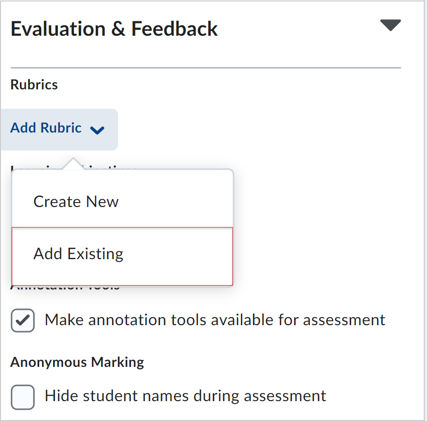 The Evaluation & Feedback menu with the Add Rubric drop-down option showing the Add Existing option.