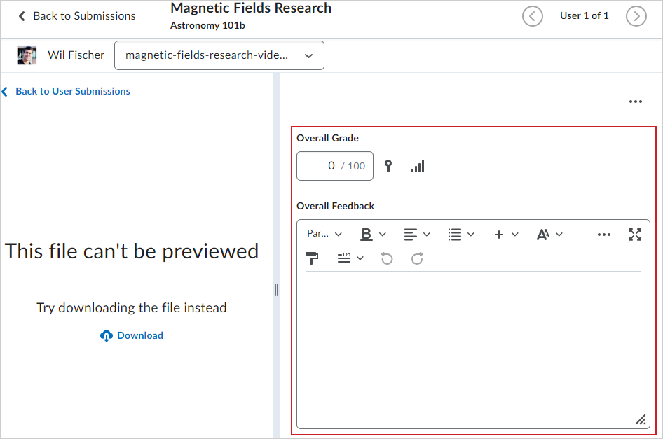 The Overall Grade and Overall Feedback fields of a video submission.