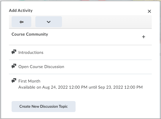 The Add Activity window listing discussion topics.