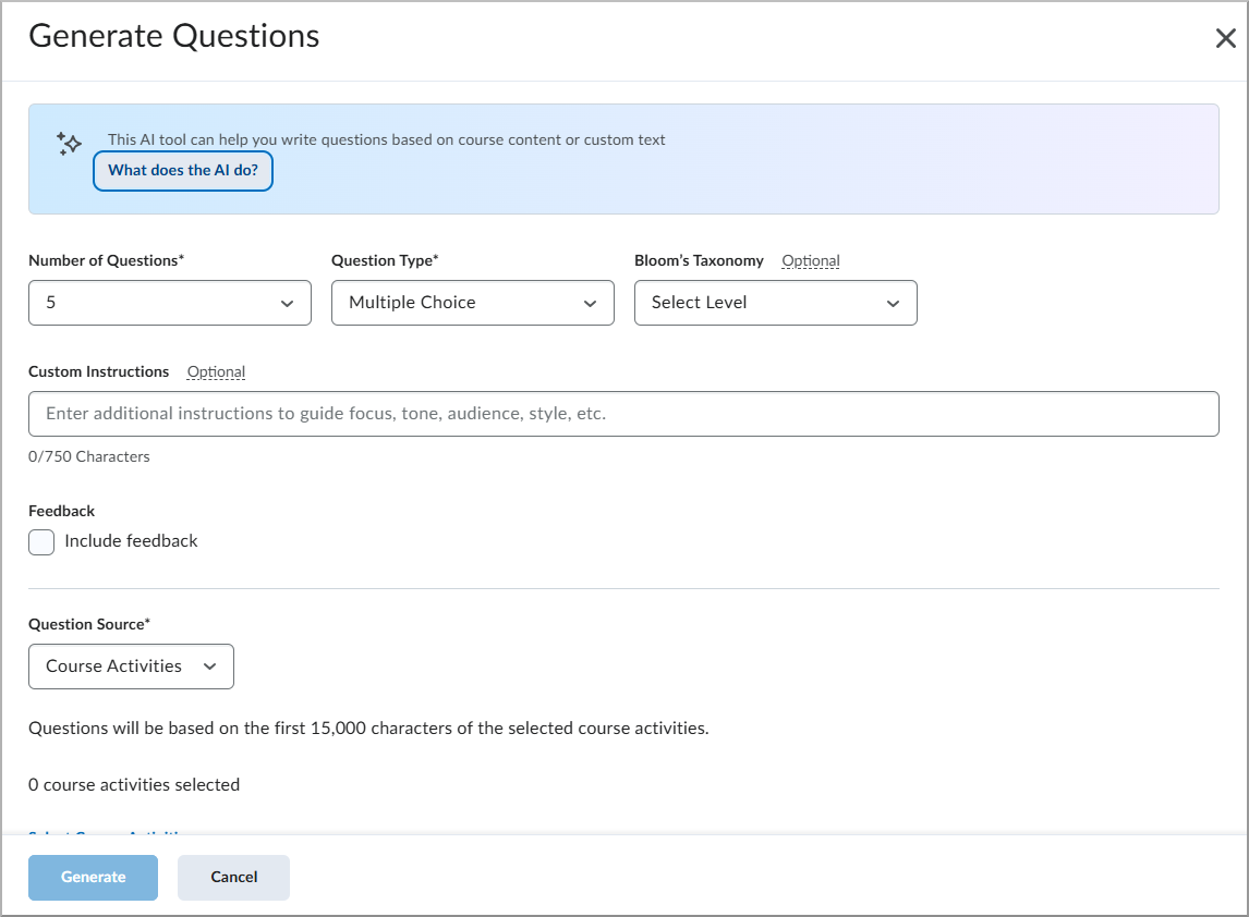 Generate Questions dialog with all available options.