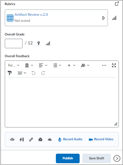 The Rubrics, Overall Grade, and Overall Feedback fields used to assess learner assignment.