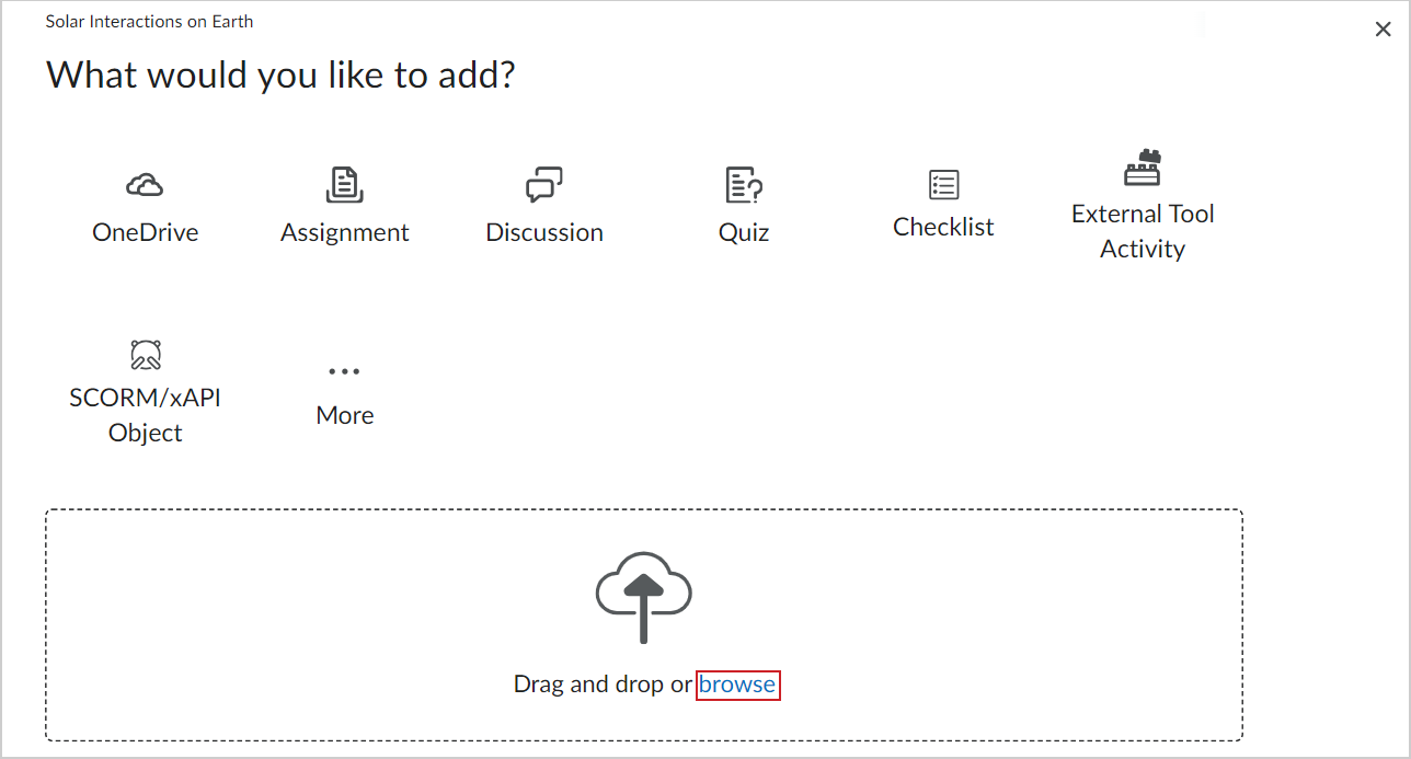 A página O que você quer adicionar? com o link de navegação para arquivos