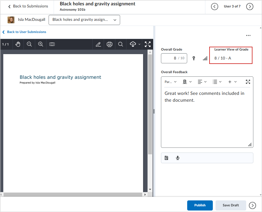 The Learner View of Grade section of an assignment evaluation.