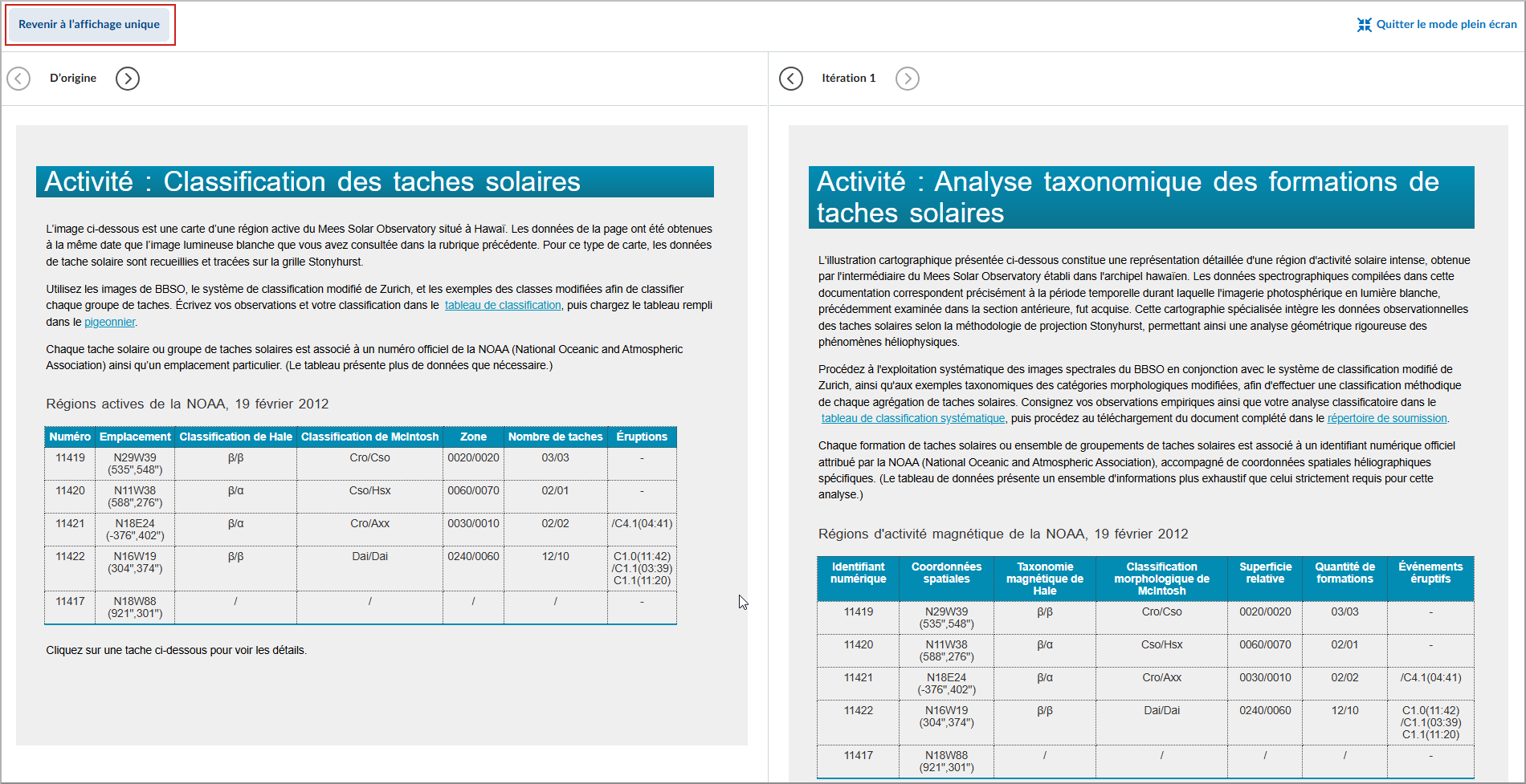 Comparaison côte à côte des itérations dans Lumi Remix avec l’option Revenir à l’affichage unique en surbrillance.