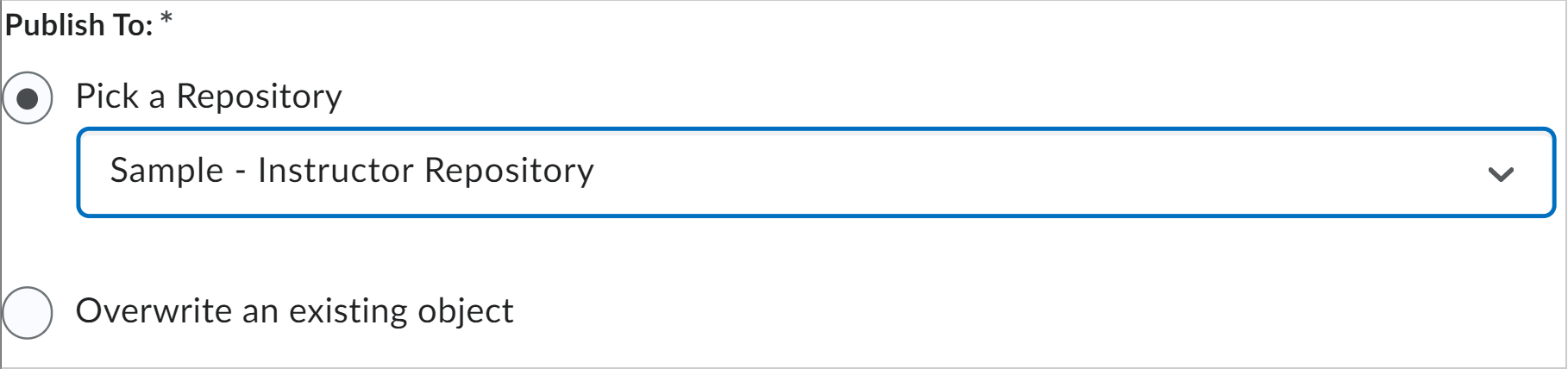 As opções Escolher um repositório e Substituir um objeto existente.