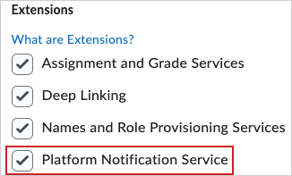 An image of the Extensions section with Platform Notification Service selected.