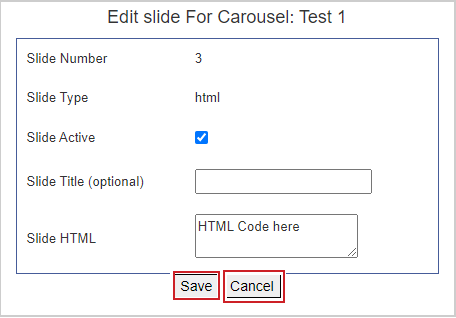 Fenêtre d'édition d'une nouvelle image de carrousel avec le champ HTML diapositive et les boutons Enregistrer et Annuler