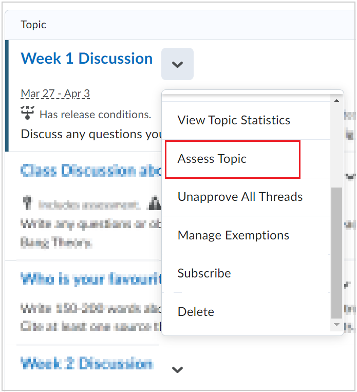 The Actions menu for a discussion topic showing the Assess Topic option.