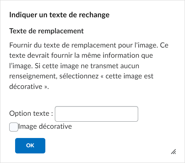 La boîte de dialogue Fournir un texte de remplacement avec l'option OK et le champ Texte de remplacement.