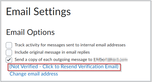 The Email Settings page with the (Not Verified - Click to Resend Verification Email) option highlighted.