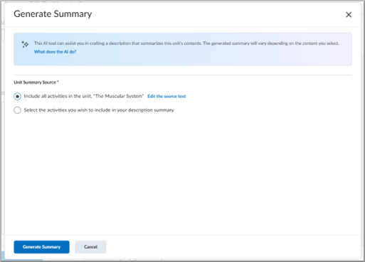 Generate Summary dialog showing Lumi AI options to include all module activities or select specific ones.