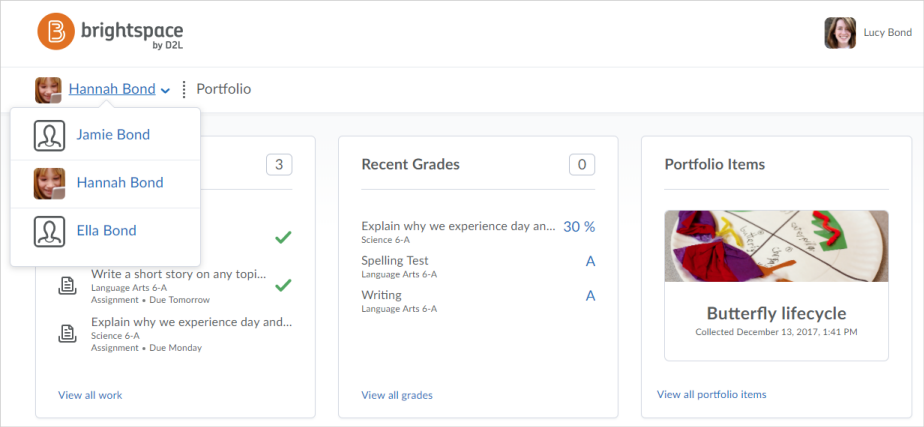 Switching between multiple learners in the Brightspace Parent & Guardian web application