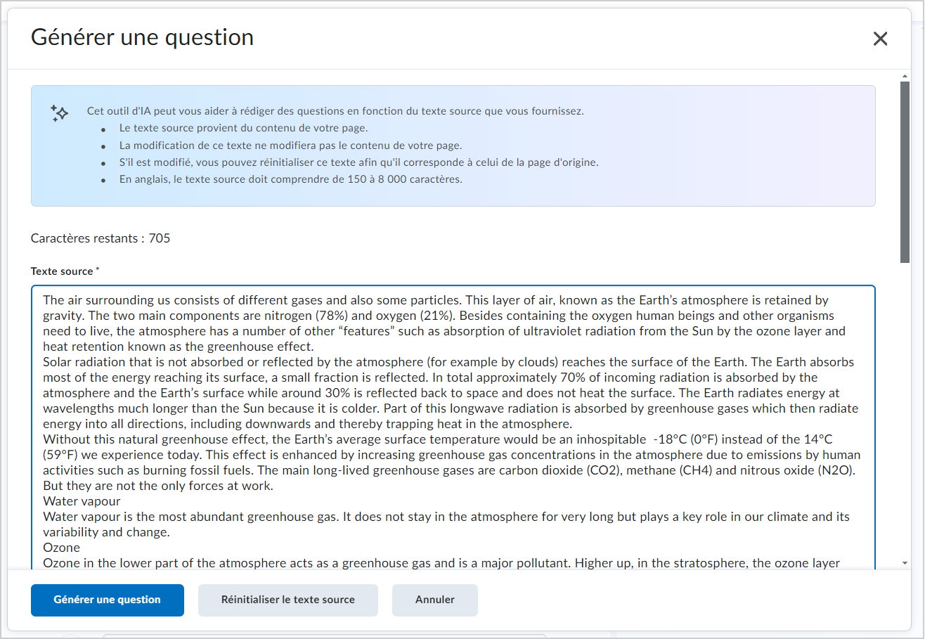 La boîte de dialogue Générer une question qui affiche les boutons Texte source et Générer une question