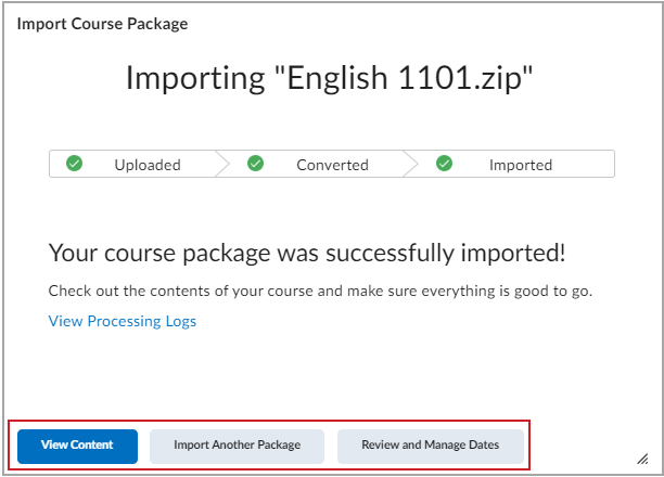 Ventana Importar paquete de curso con una importación correcta y las opciones disponibles.