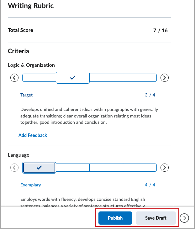 The Publish and Save Draft buttons on an in-process evaluation.