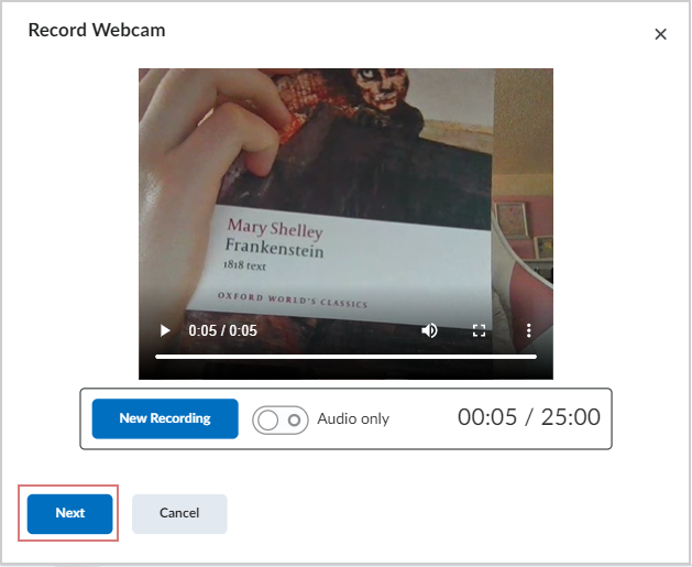 The Record Webcam dialog with recorded audio-video content and the Next option.