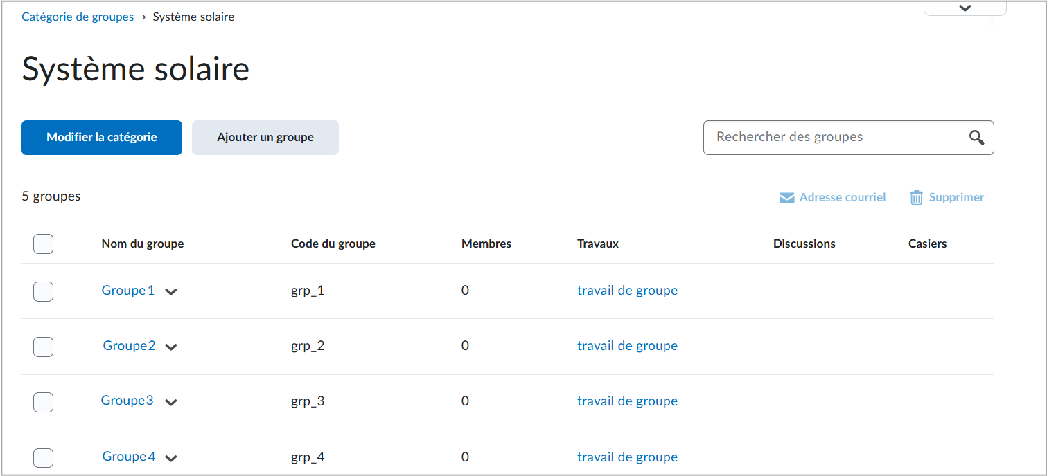La page Catégorie Travail de groupe dans Gérer les groupes présente les options de modification de la catégorie, d'ajout d'un groupe, de recherche de groupes, d'envoi par courriel ou de suppression de groupes sélectionnés et un tableau de groupes.