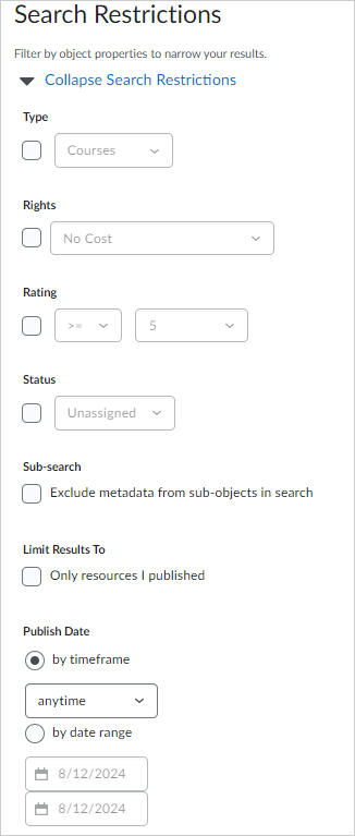 An image of the Search Restrictions area of the Advanced Search page.