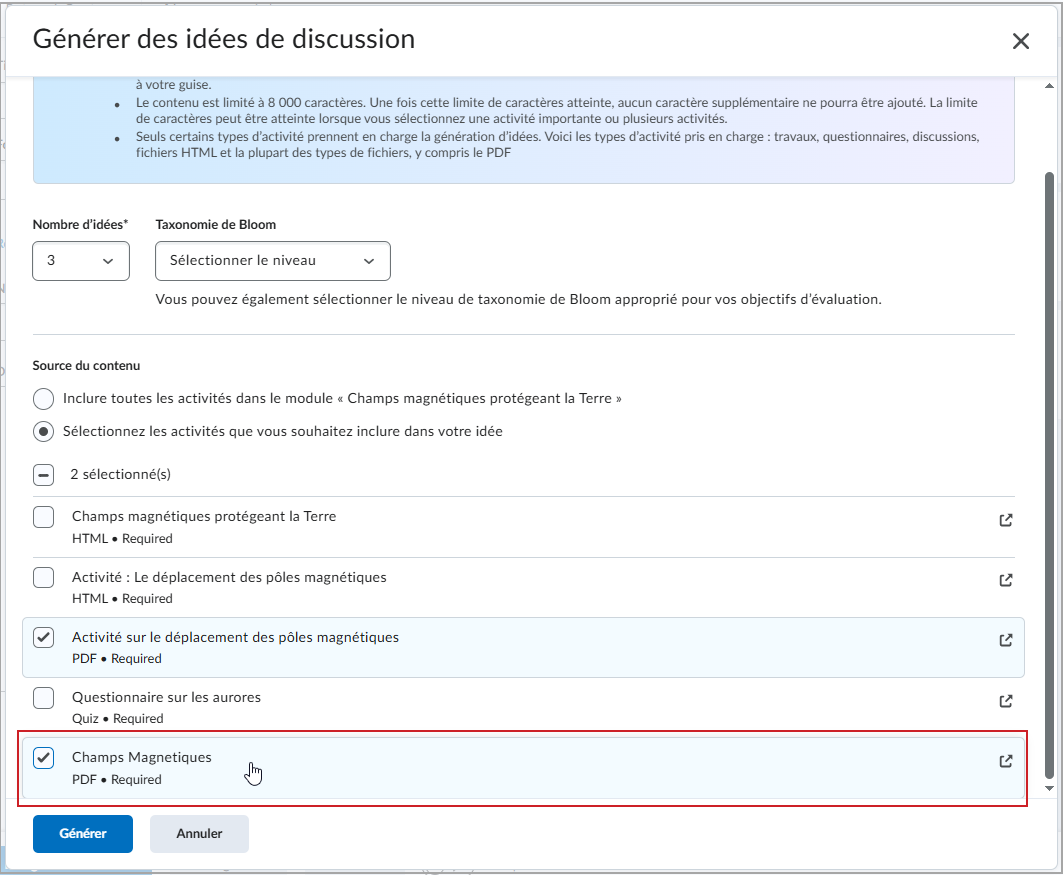 La fenêtre Générer des idées, dans laquelle un fichier PDF est sélectionné.