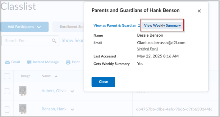 Parents and Guardians dialog open showing View Weekly Summary option for the selected student