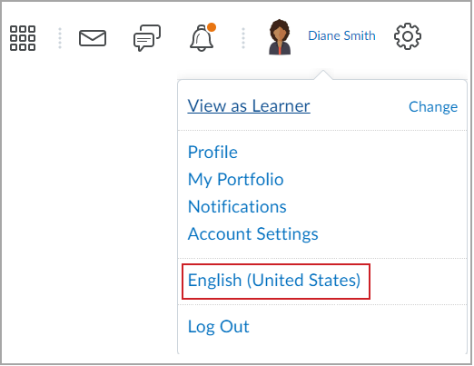 El menú Configuración del usuario con el idioma actual resaltado.