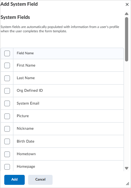 The Add System Field dialog.