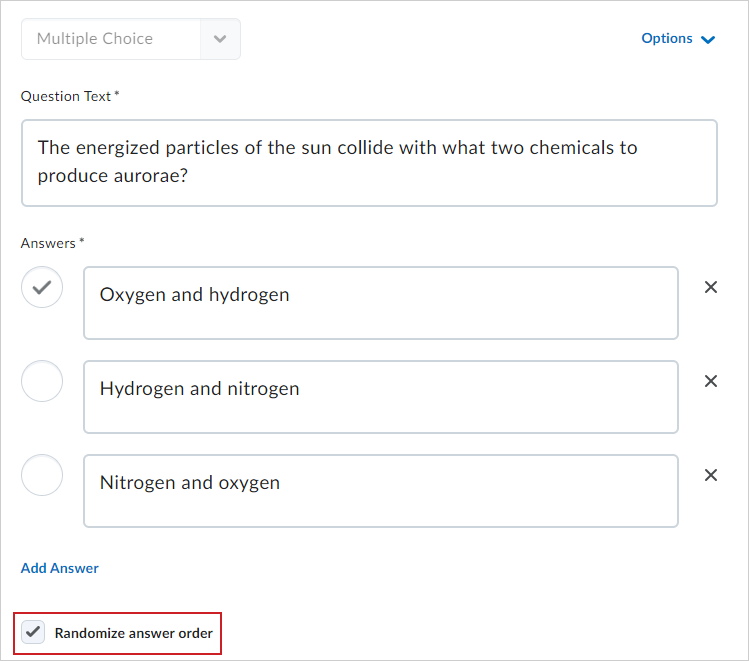 The Randomize answer order option.