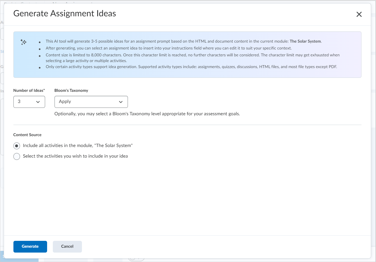 The Number of Ideas drop-down menu, the Bloom's Taxonomy level drop-down menu, and the Content Source options in the Generate Assignment Ideas dialog.