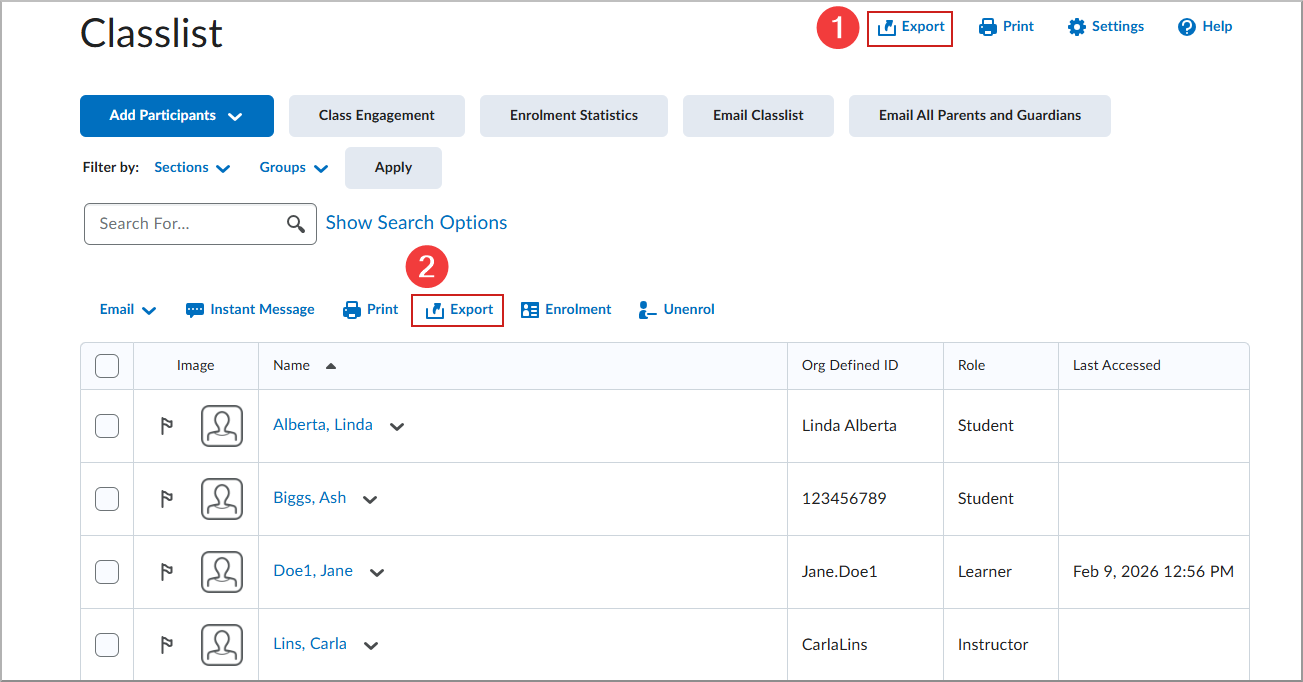 Classlist page showing Export button above the learner list, next to Print, Settings, and Help.