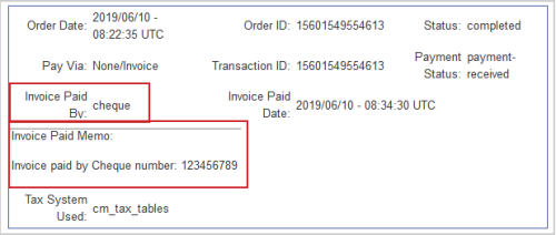 An invoice memo containing the payment method information