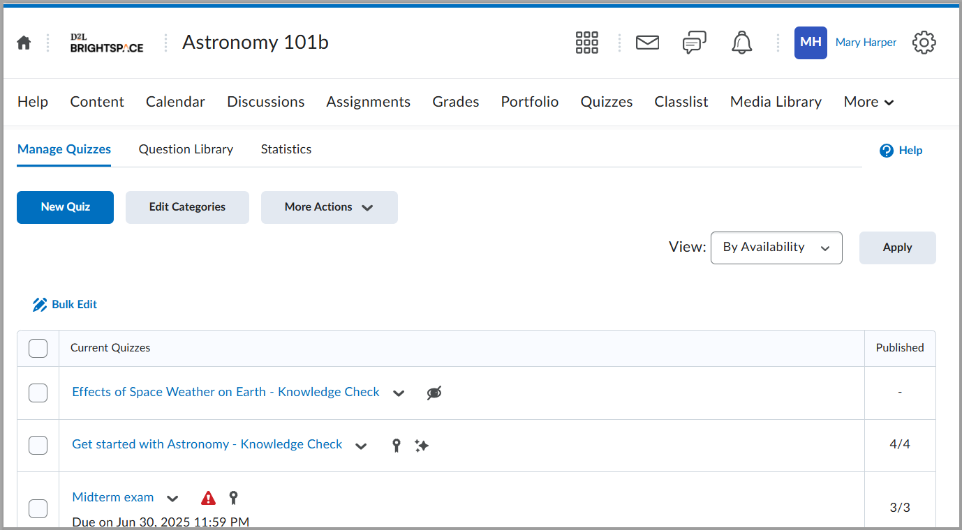 The Manage Quizzes tab with red warning icon beside a quiz title indicating an issue.