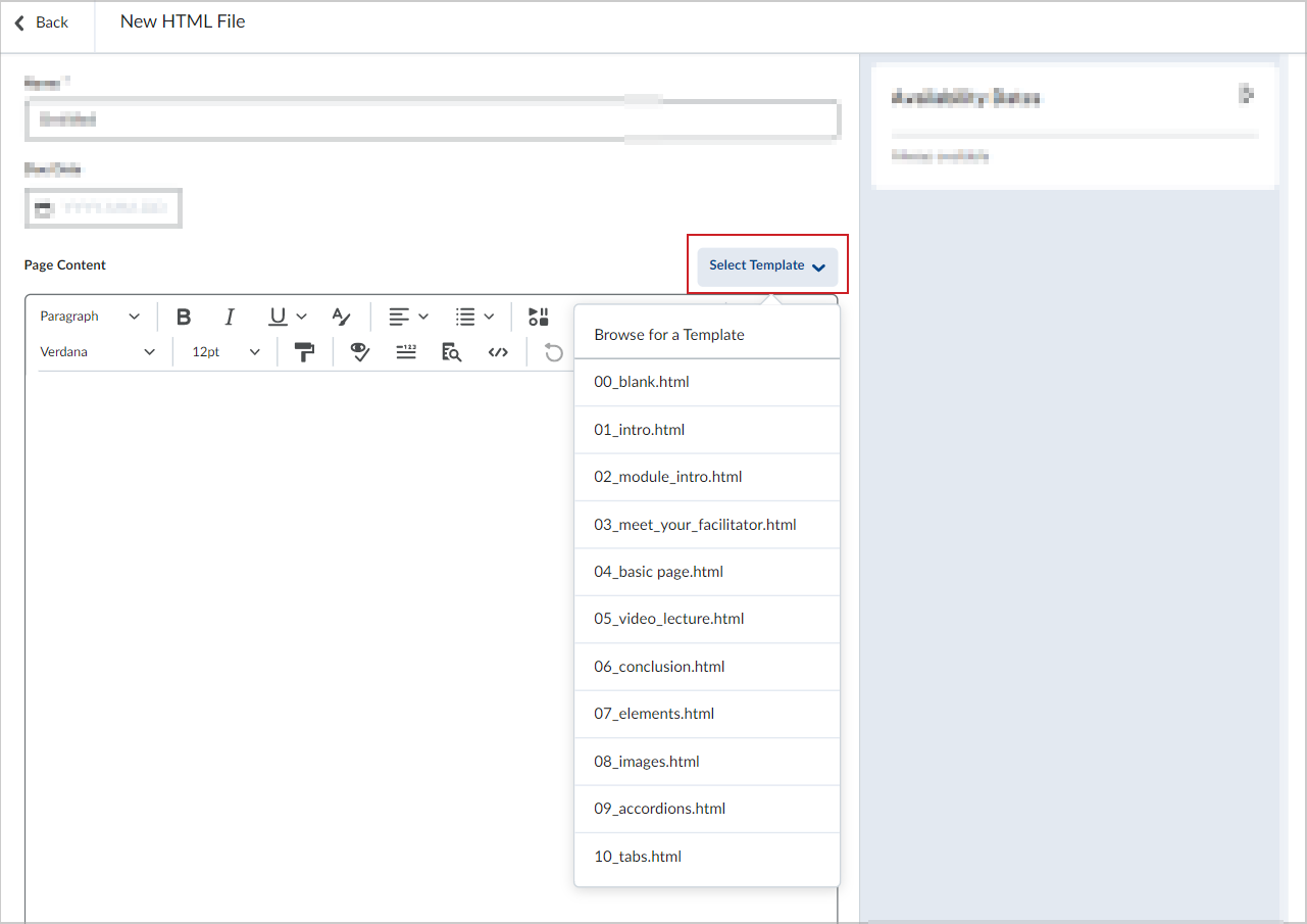 The Select Template option with the template drop-down list.