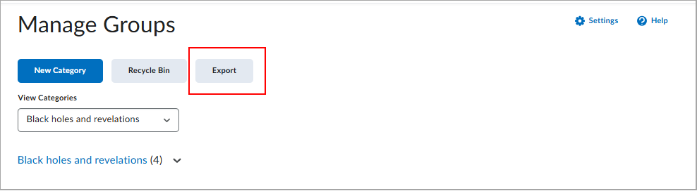 Manage Groups page showing group list and highlighted Export button