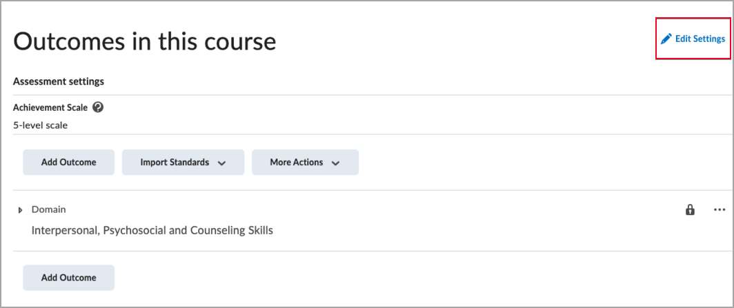 The Edit Settings button on the Outcomes in this Course page