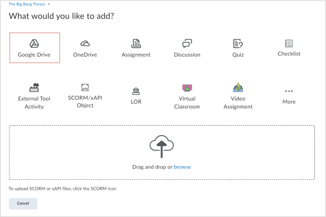 La página ¿Qué le gustaría agregar? con la opción Google Drive resaltada.