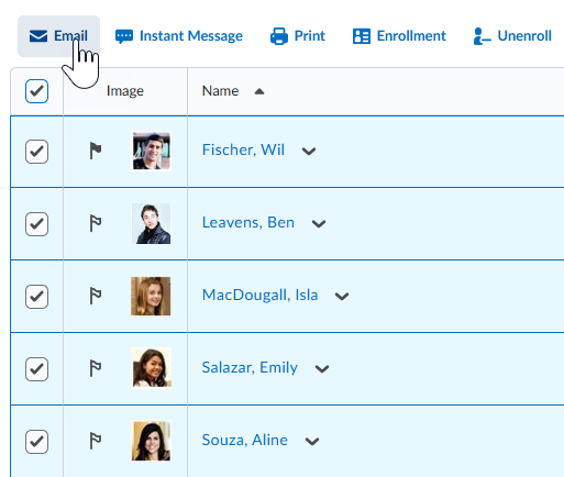 The Send Email page with all students selected.