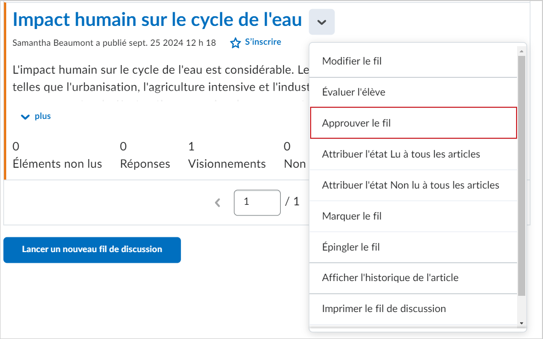 Le menu Actions de la publication d'un élève comprend l'option Approuver la publication.