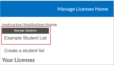 La página Administrar licencias - Inicio, que muestra como ejemplo una lista de estudiantes